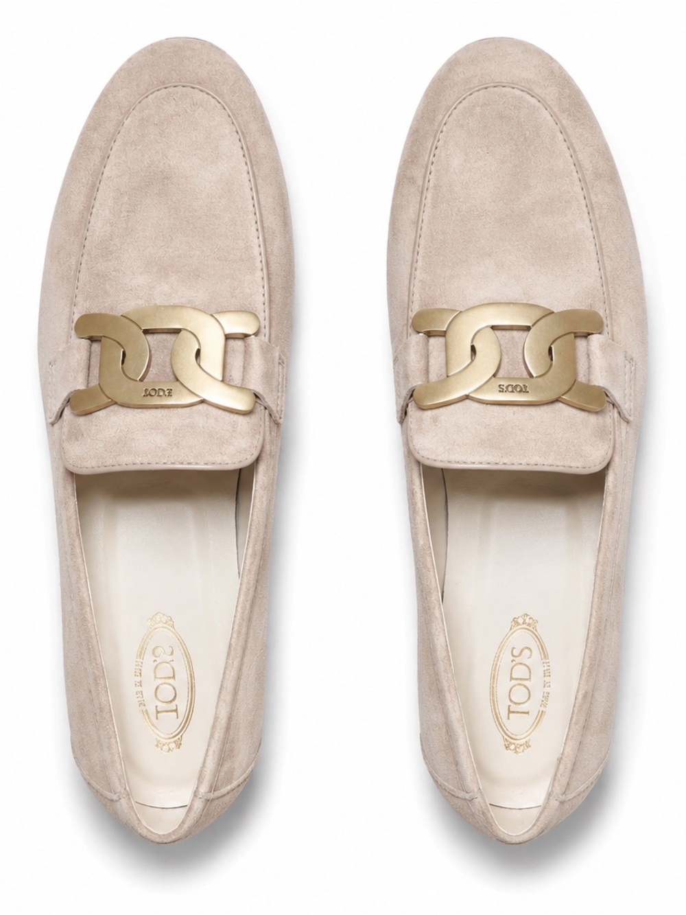 Tod's Beige Suede Loafers with Gold Chain Accent